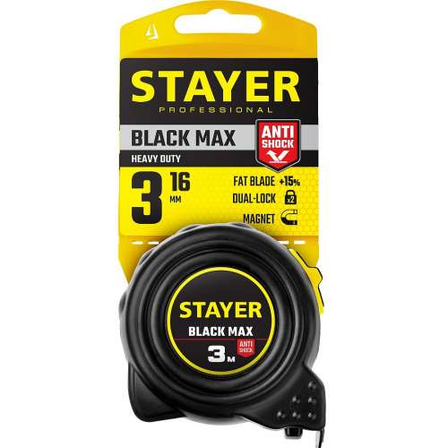 Рулетка "BlackMax"  3 м/16 мм  обрезинен, 2 фиксатора, магнит, ПРОФ  STAYER (3410-03)