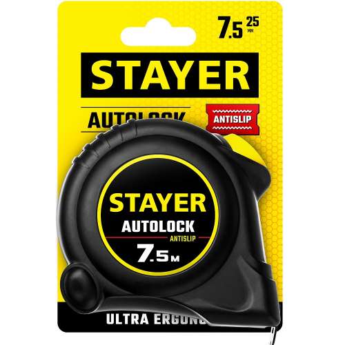 Рулетка STAYER "AUTOLOCK" обрезин, автостоп 7,5 м / 25 мм (2-34126-07-25)