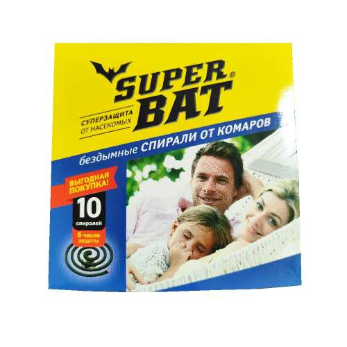 Спирали "SuperBAT" ОТ КОМАРОВ бездымные (можно в помещении) (уп. 10 шт) черные