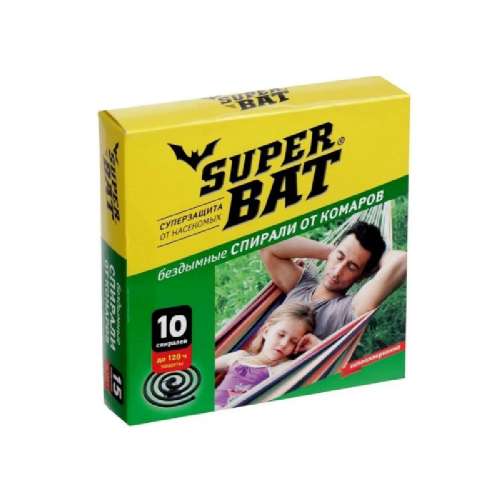 Спирали "SuperBAT" ОТ КОМАРОВ бездымные (уп. 10 шт) зеленые