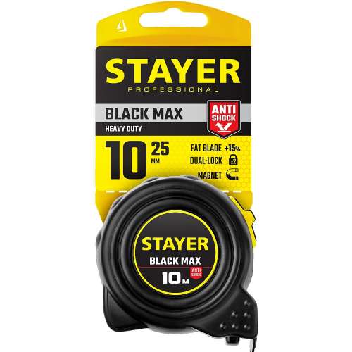 Рулетка "BlackMax" 10 м/25 мм  обрезинен, 2 фиксатора, магнит, ПРОФ  STAYER (3410-10)